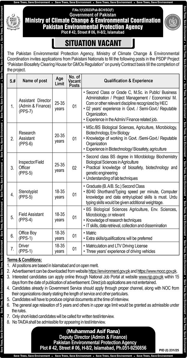 Jobs in Pakistan Enviornment Protection Agency Islamabad